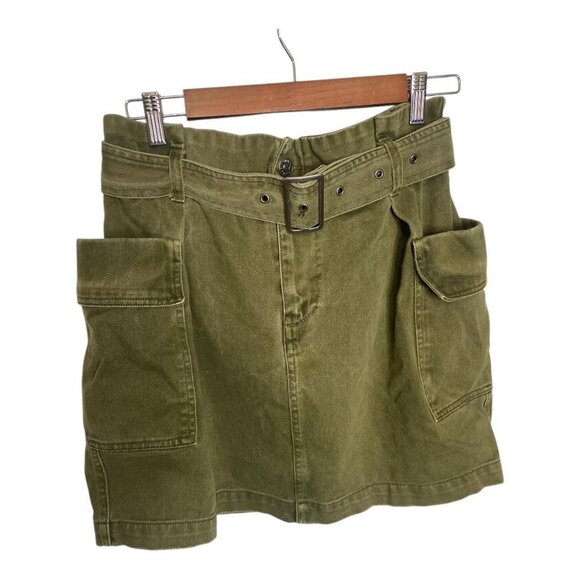 Plus Size OX Khaki Green Cargo Mini Skirt Heavy Denim Utility Pockets Belt Y2K - Picture 1 of 7